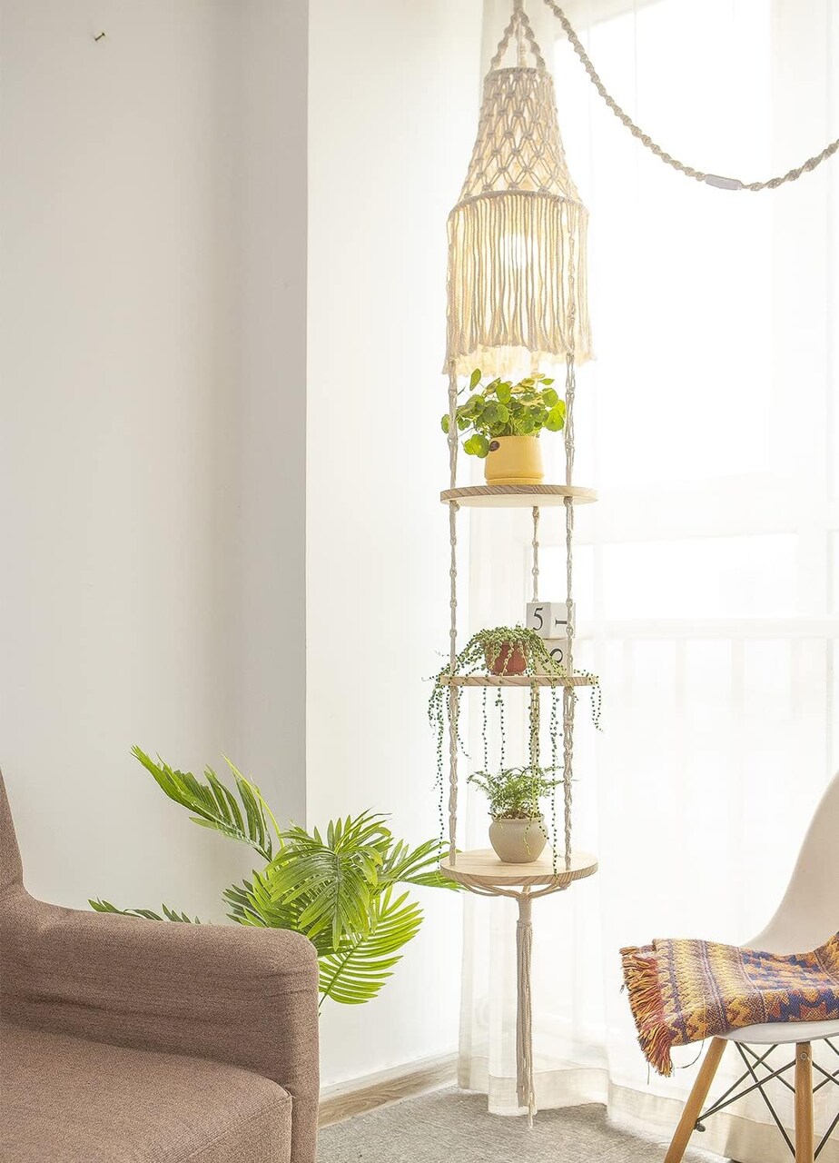 Macrame 3-Tier Hanging Shelf with Rope – Boho Floating Round Shelves for Plants, Flower Pots, Lamp Shades, and Home Decor – 1 Set